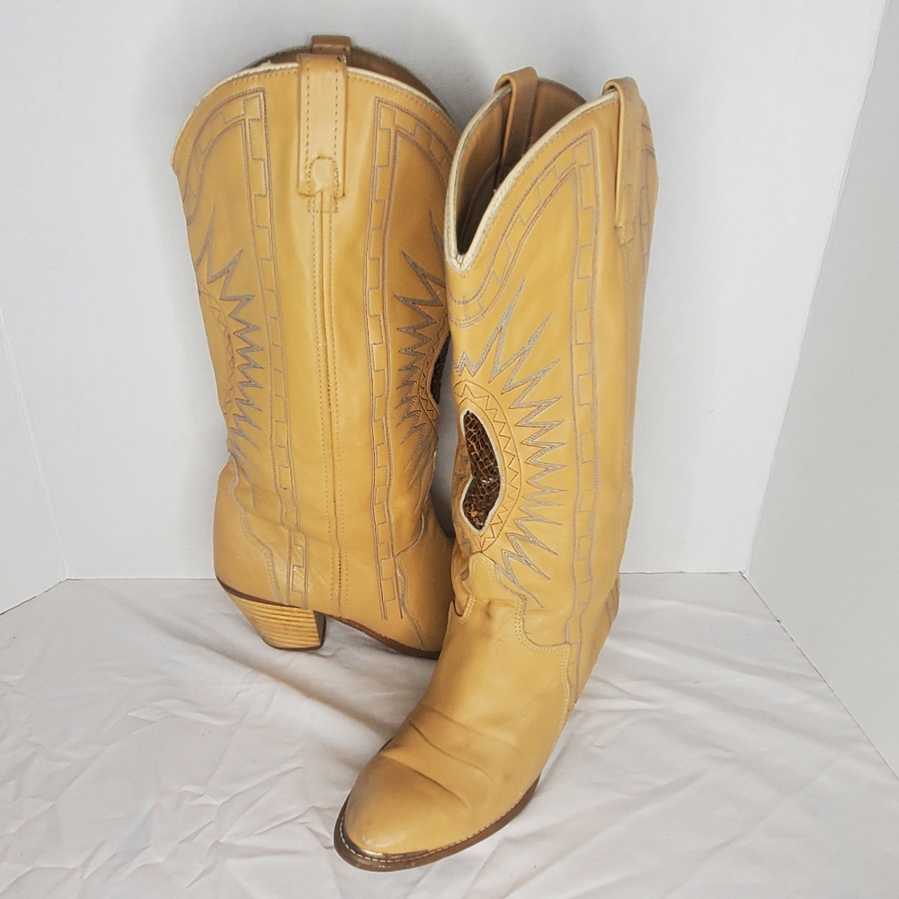 Acme Vintage Brown Leather Snakeskin Insert Stacked Wood Heel Boots Size 7M 6.5M